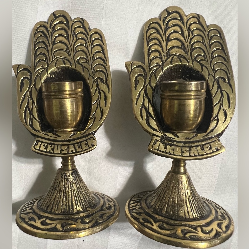 Set Of 2~Judaica Brass Taper Candlestick Holders By ABADA~ Jerusalem P 14~ HAMSA
